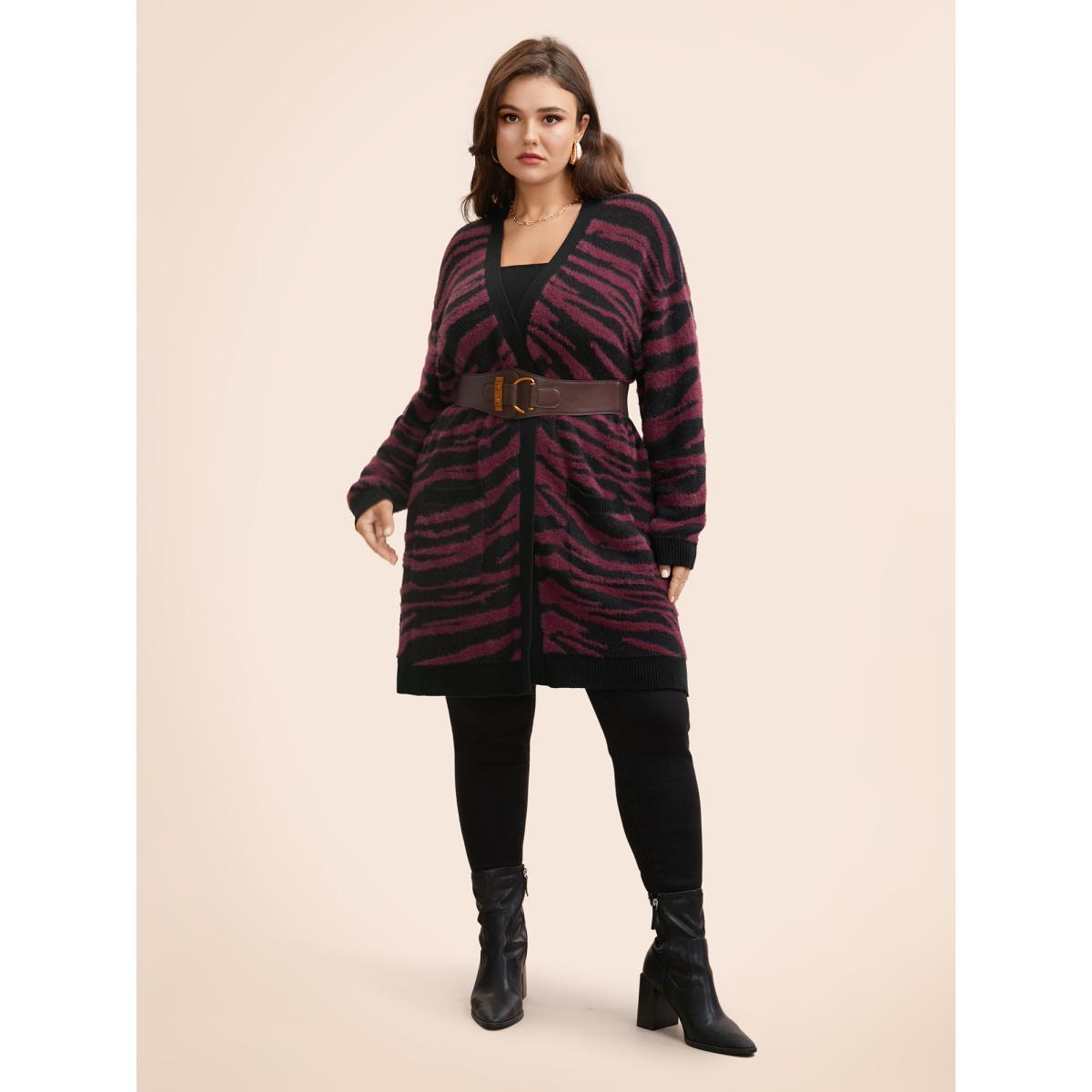 Plus Size Zebra Print Fluffy Patch Pocket Cardigan Black Women Elegant Loose Long Sleeve Everyday Cardigans BloomChic 30/6X Product Image