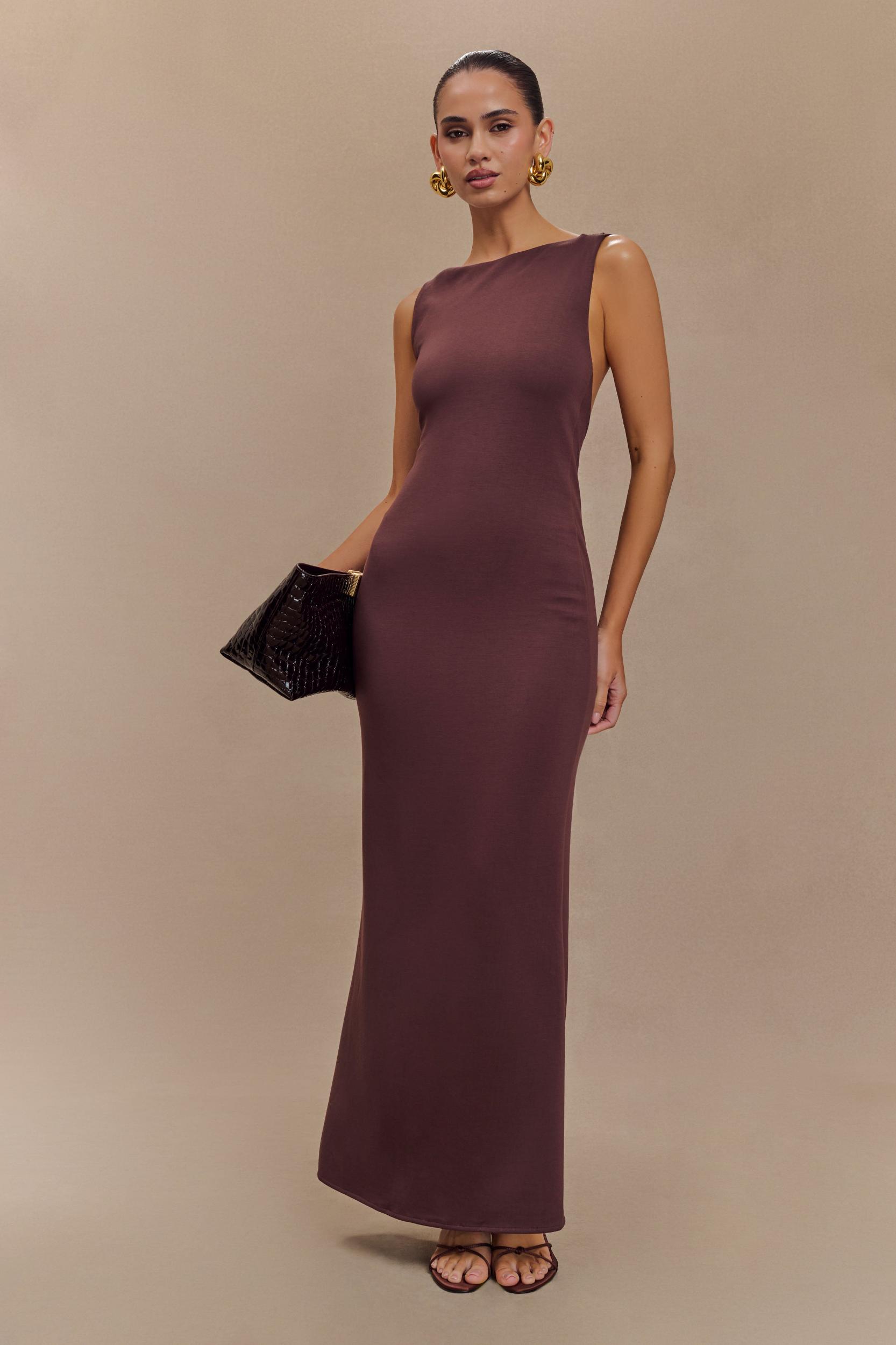 Catelyn Asymmetrical Scuba Jersey Midi Dress - Cacao Brown Product Image