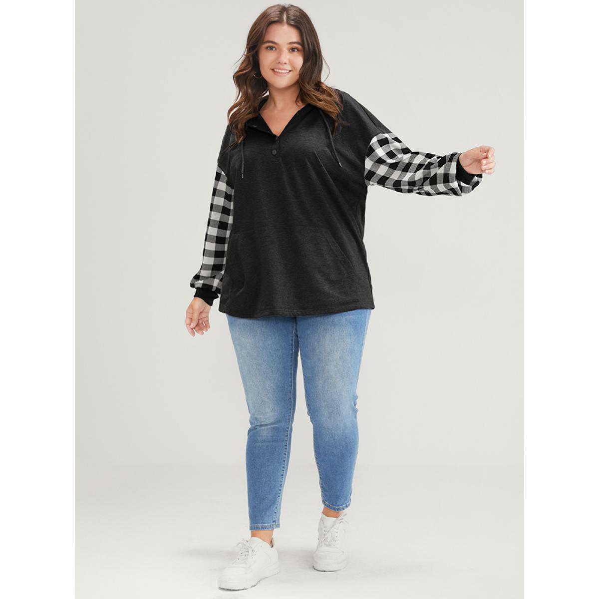 Plus Size Gingham Pocket Button Up Hooded Sweatshirt Women Black Casual Contrast Hooded Dailywear Sweatshirts BloomChic 22-24/3X Product Image