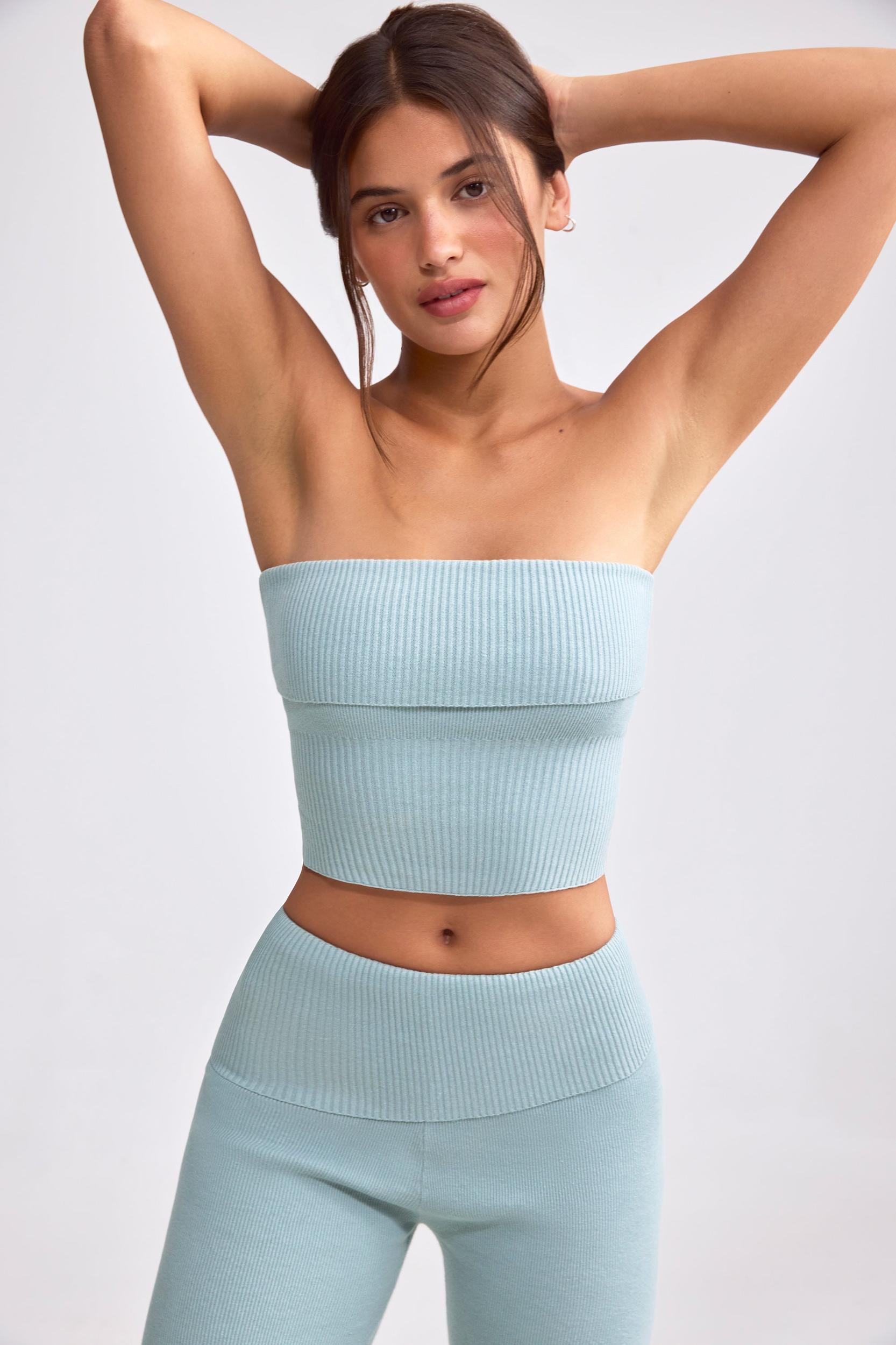 Bandeau Chunky Knit Crop Top in Dusty Teal Female Product Image