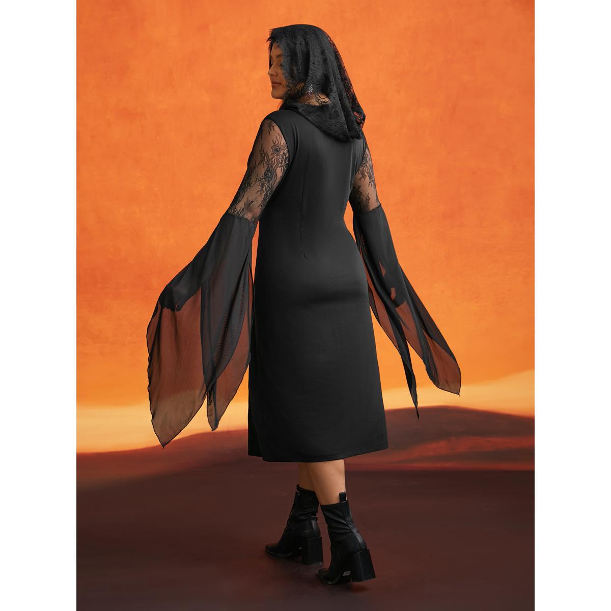 Plus Size Dark Spell Veiled Lace Midi Dress Black Women Cocktail Wraparound straps Round Neck Extra Long Sleeve Curvy BloomChic 22-24/3X Product Image