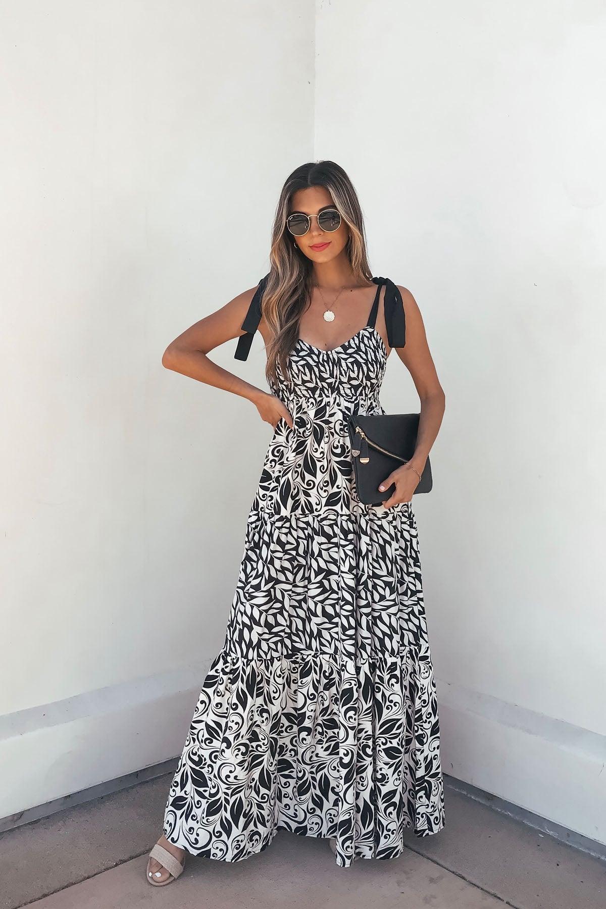 Floral Smock Tiered Maxi Dress With Black Tie Straps - FINAL SALE Product Image