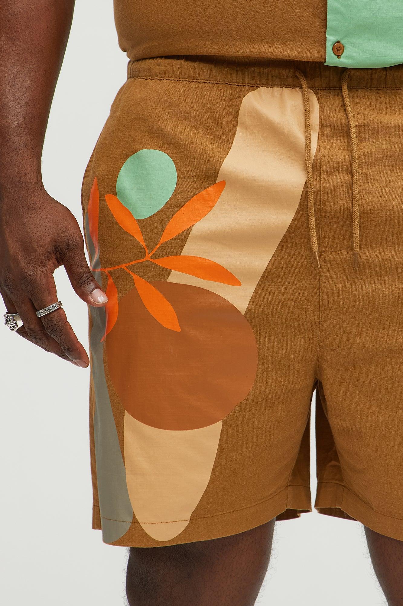 Brown Floral Relaxed Drawstring Shorts - Brown Product Image