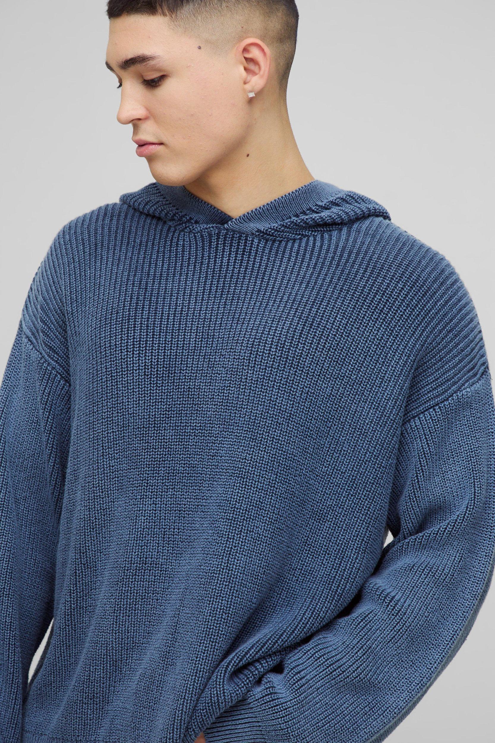 Oversized Boxy Acid Wash Knitted Hoodie | boohooMAN USA Product Image
