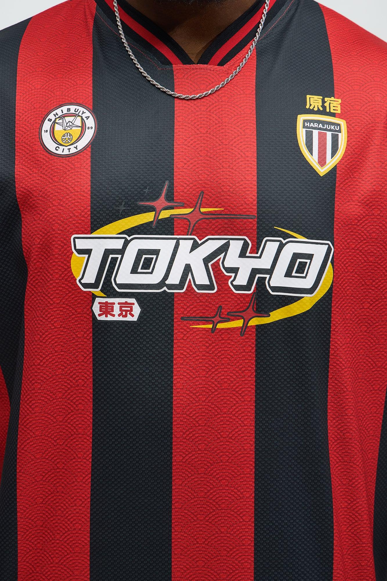 Tokyo Striped Short Sleeve Soccer Jersey - Red/Black Male Product Image