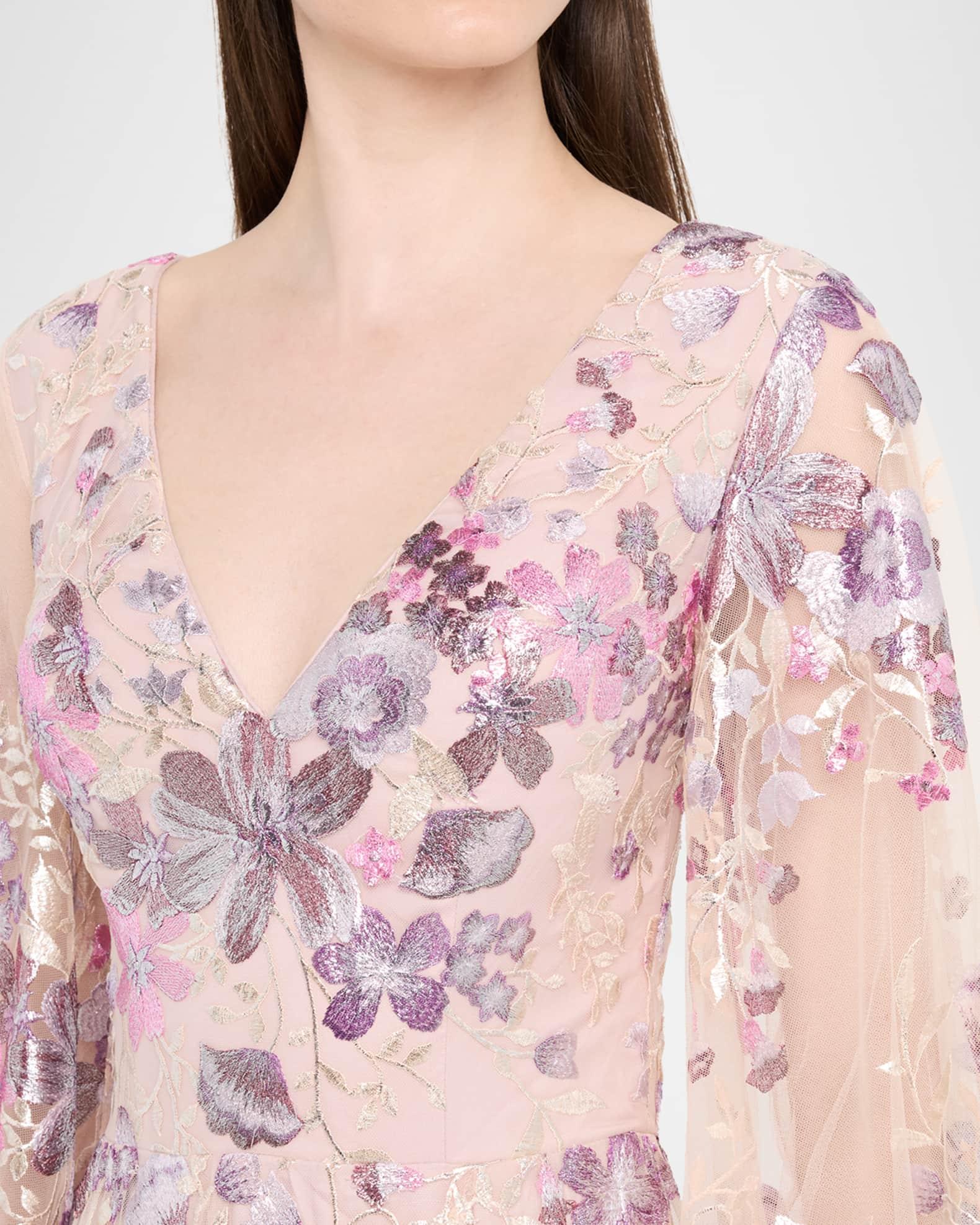 Balloon-Sleeve Metallic Embroidered Gown Product Image