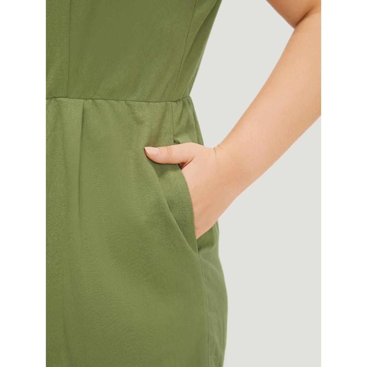 Plus Size Sage Plain Pocket Button Through Tank Jumpsuit Women Office Sleeveless V-neck Office Loose Jumpsuits BloomChic 22-24/3X Product Image