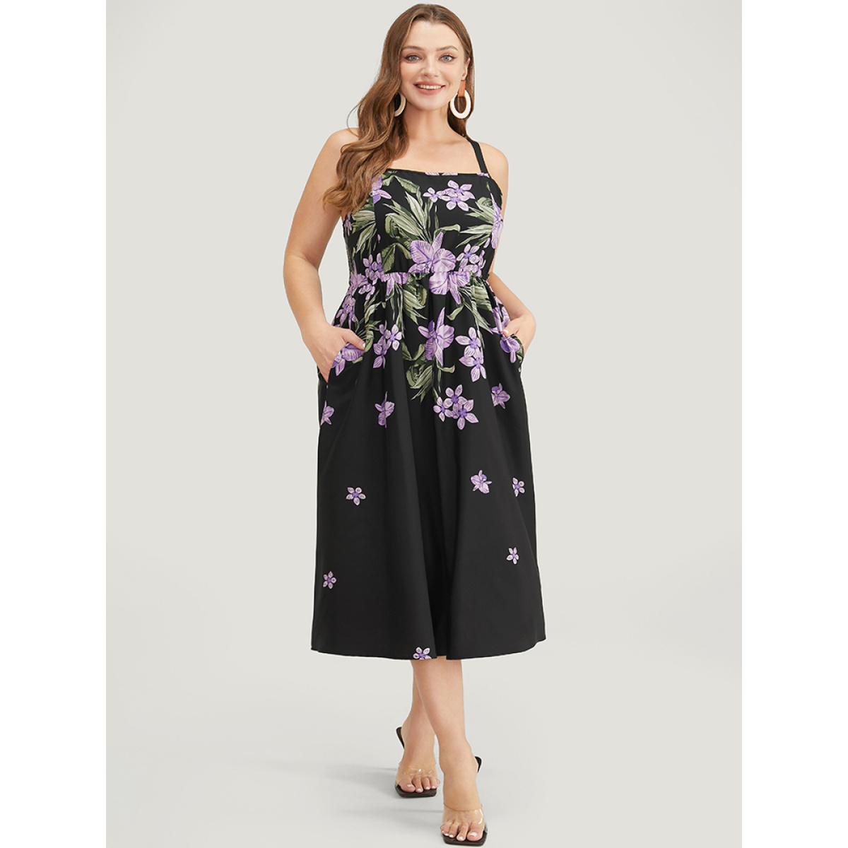 Plus Size Floral Pocket Adjustable Straps Ruffle Hem Cami Dress Black Women Elegant Adjustable Straps Spaghetti Strap Sleeveless Curvy Midi Dress BloomChic 22-24/3X Product Image