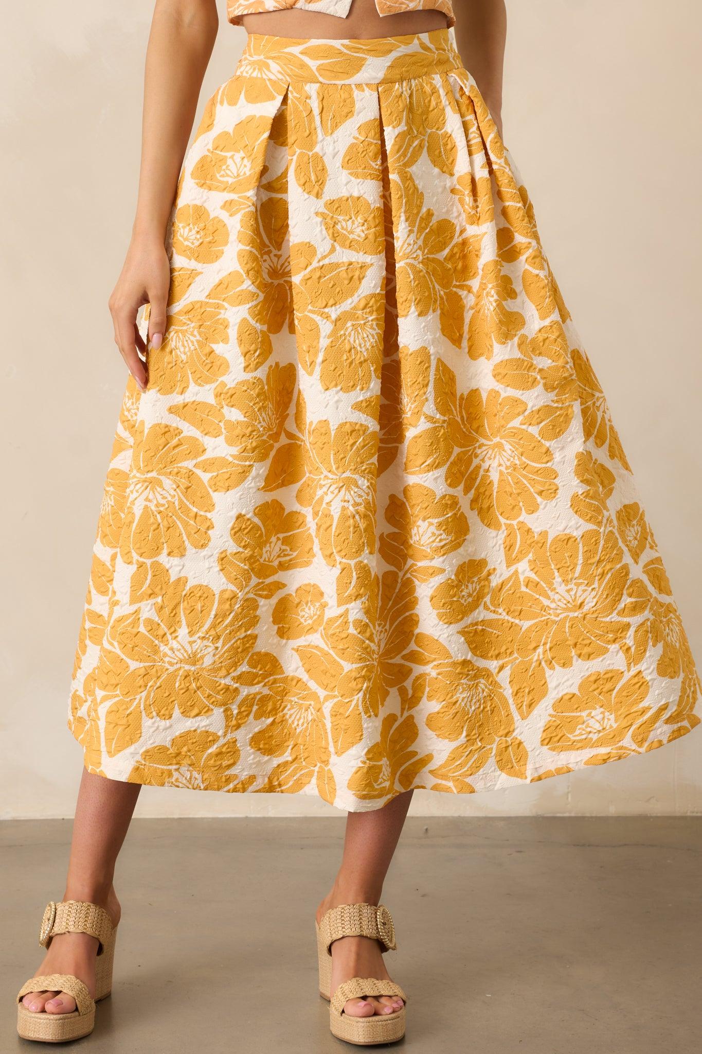Golden Hour Yellow Floral Jacquard Midi Skirt Product Image