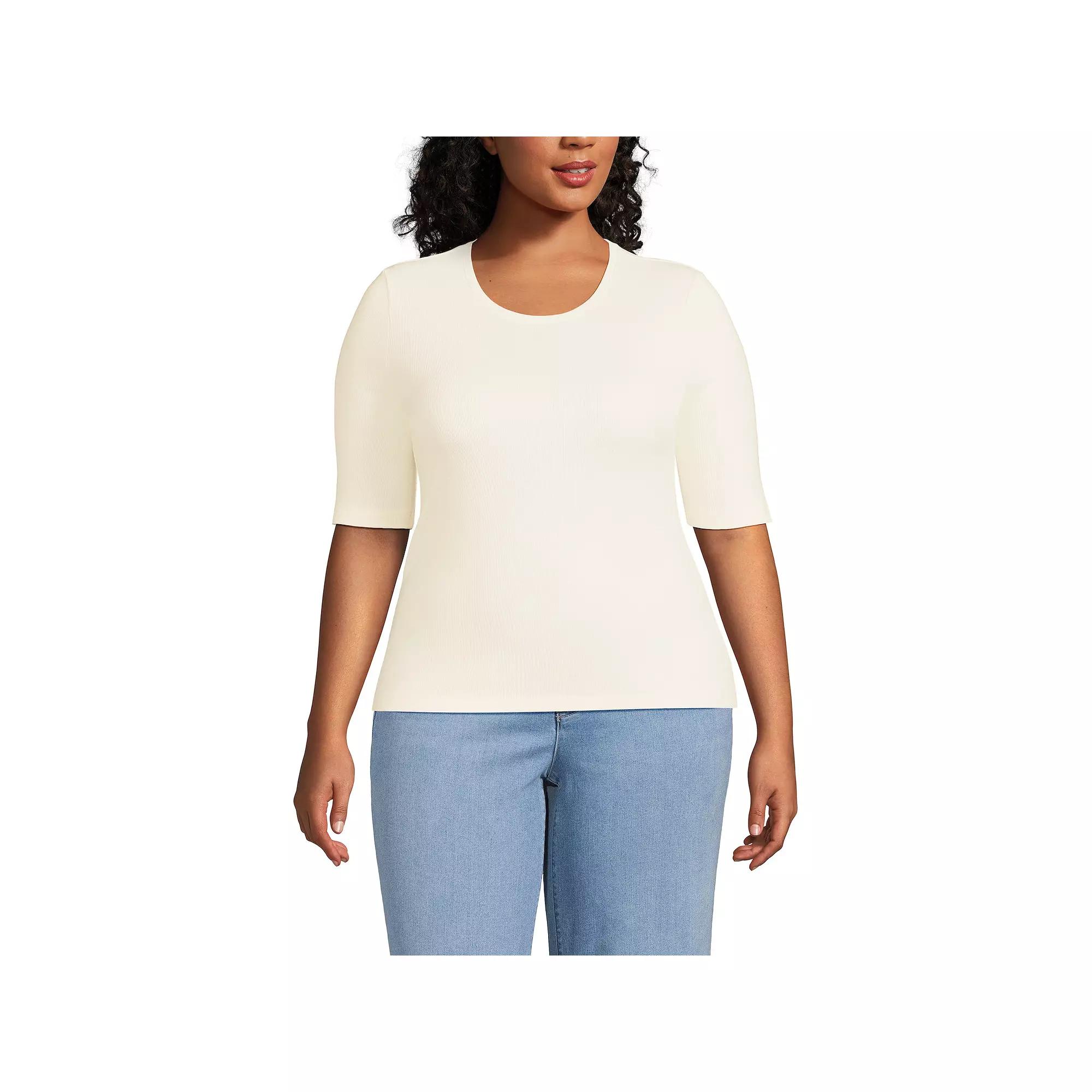 Plus Size Lands' End Elbow Sleeve Drapey Ribbed Crewneck T-Shirt, Women's, Size: 1XL, Fresh Ivory Product Image