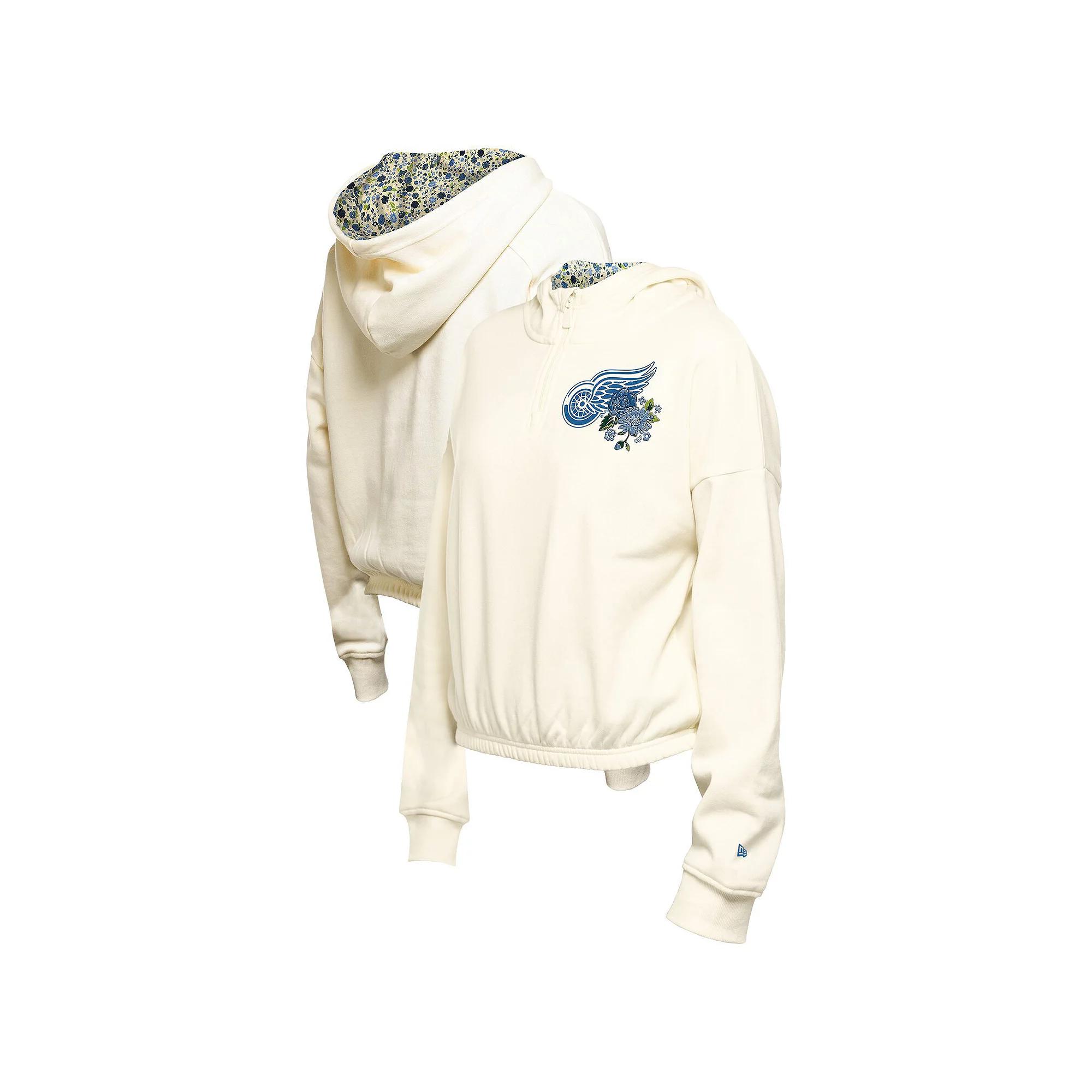 Women's New Era Cream Carolina Hurricanes Glam Game Quarter-Zip Cropped Floral Hoodie Pullover,  Product Image