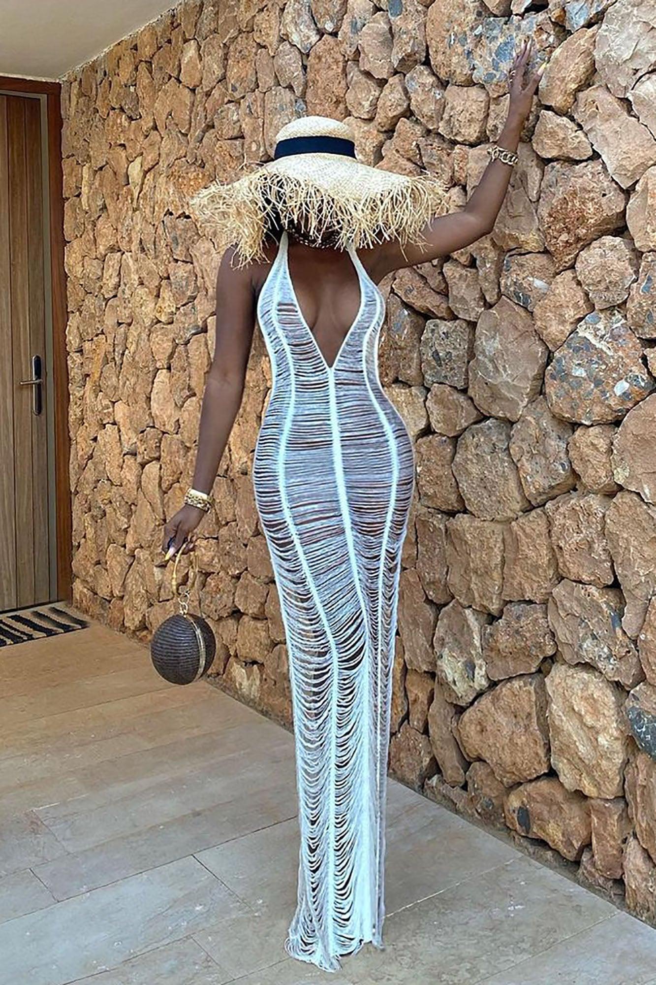 Relaxing All Summer Crochet Cover Up Maxi Dress - White Product Image