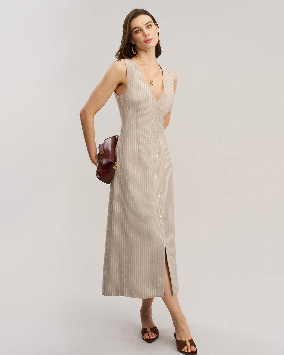 Khaki Striped V-Neck Sleeveless Maxi Dress Product Image