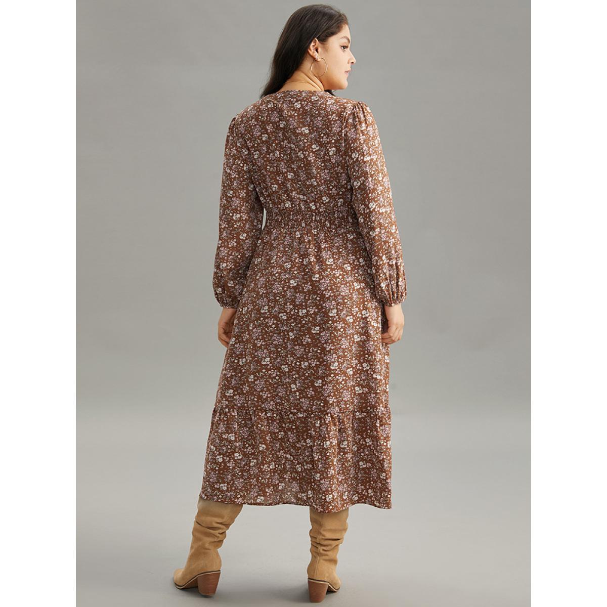 Plus Size Ditsy Floral Notched Flutter Hem Dress Chocolate Women Elegant Elastic cuffs Notched collar Long Sleeve Curvy Midi Dress BloomChic 28/5X Product Image