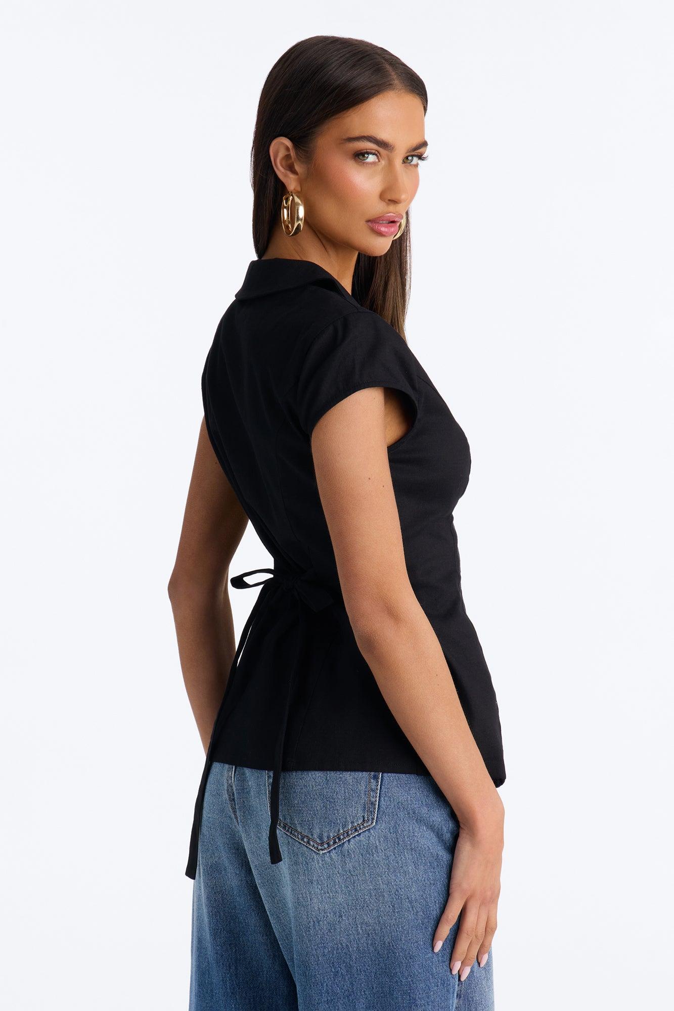 Little Cute Moment Tie Back Linen Shirt - Black Female Product Image
