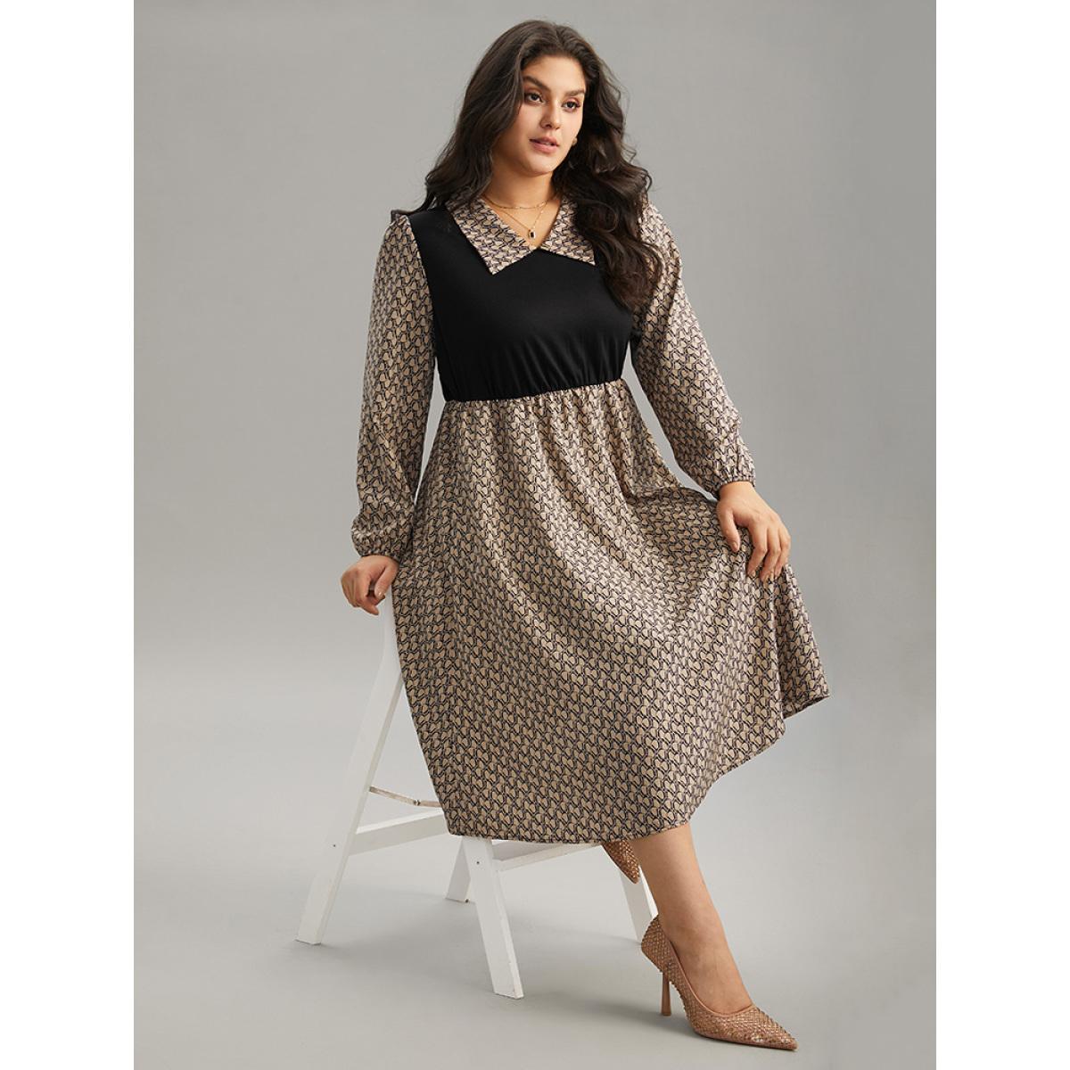Plus Size Geometric Patchwork Lapel Collar Lantern Sleeve Dress Tan Women Office Elastic cuffs Lapel Collar Long Sleeve Curvy Midi Dress BloomChic 28/5X Product Image