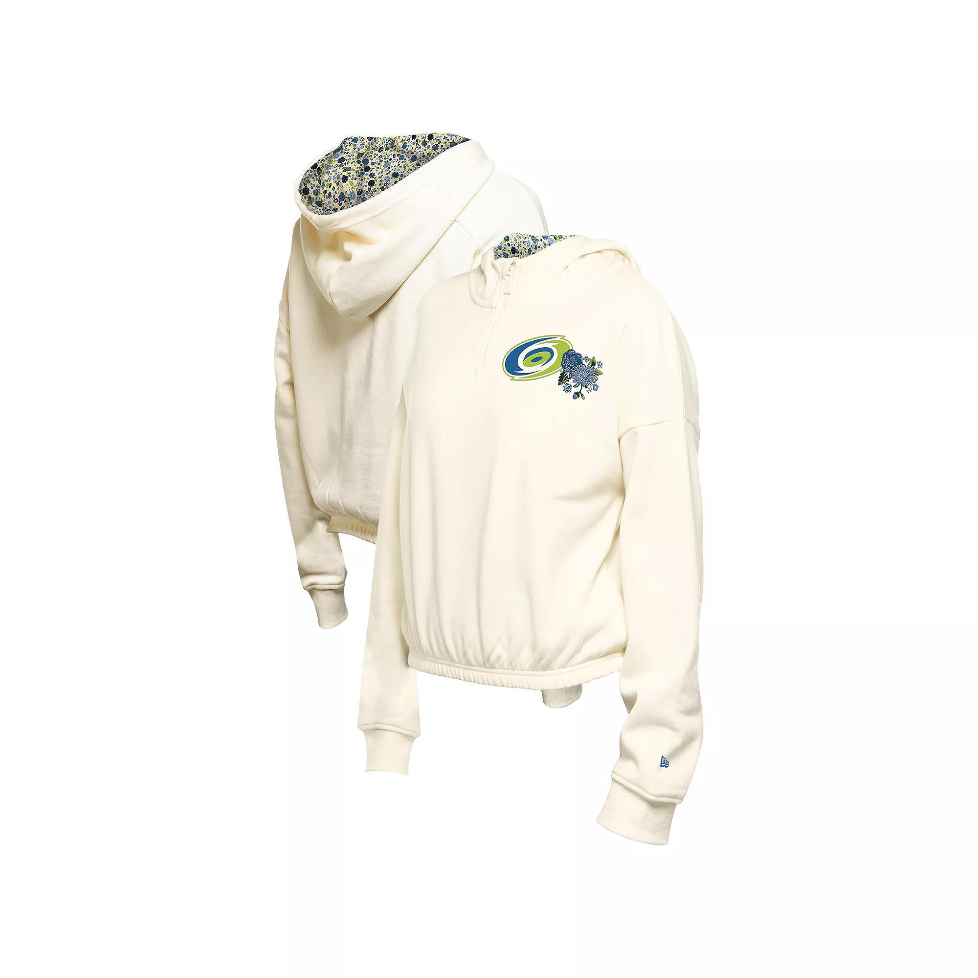 Women's New Era Cream Carolina Hurricanes Glam Game Quarter-Zip Cropped Floral Hoodie Pullover,  Product Image