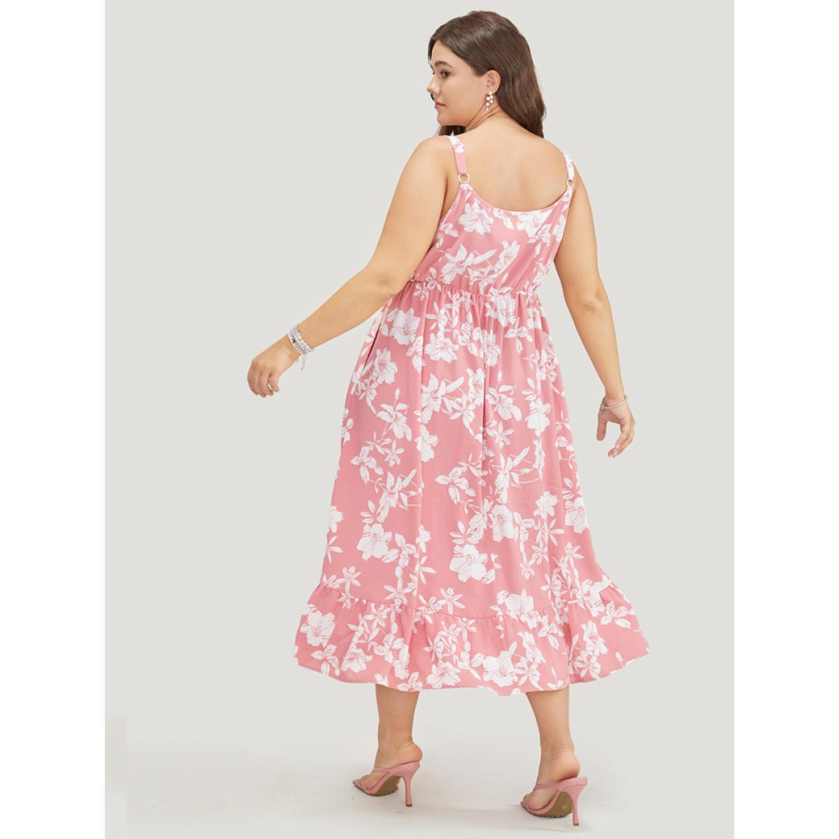 Plus Size Floral Ruffle Hem Pocket Lace Mesh Insert Cami Dress Rouge Women Elegant Adjustable Straps Spaghetti Strap Sleeveless Curvy Midi Dress BloomChic 26/4X Product Image