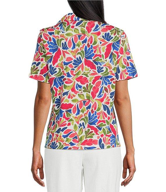 Investments Petite Size Knit Folk Art Floral Short Sleeve Button Front Notch Collar Camp Top Product Image