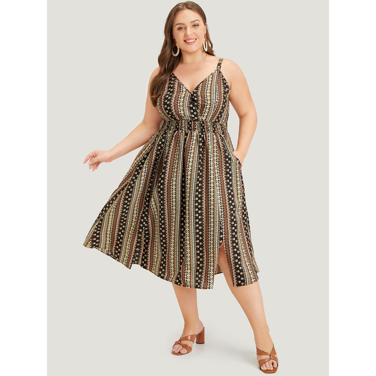 Plus Size Bandana Print Shirred Pocket Split Wrap Cami Dress DarkBrown Women Vacation Adjustable Straps Spaghetti Strap Sleeveless Curvy Midi Dress BloomChic 30/6X Product Image