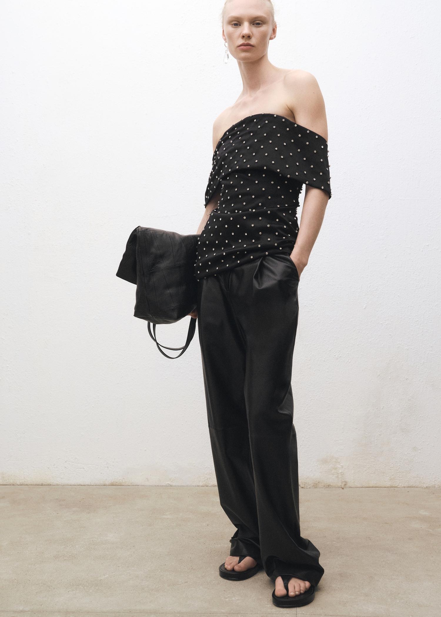 Straight leather pants with pleat detail - Women | MANGO USA Product Image