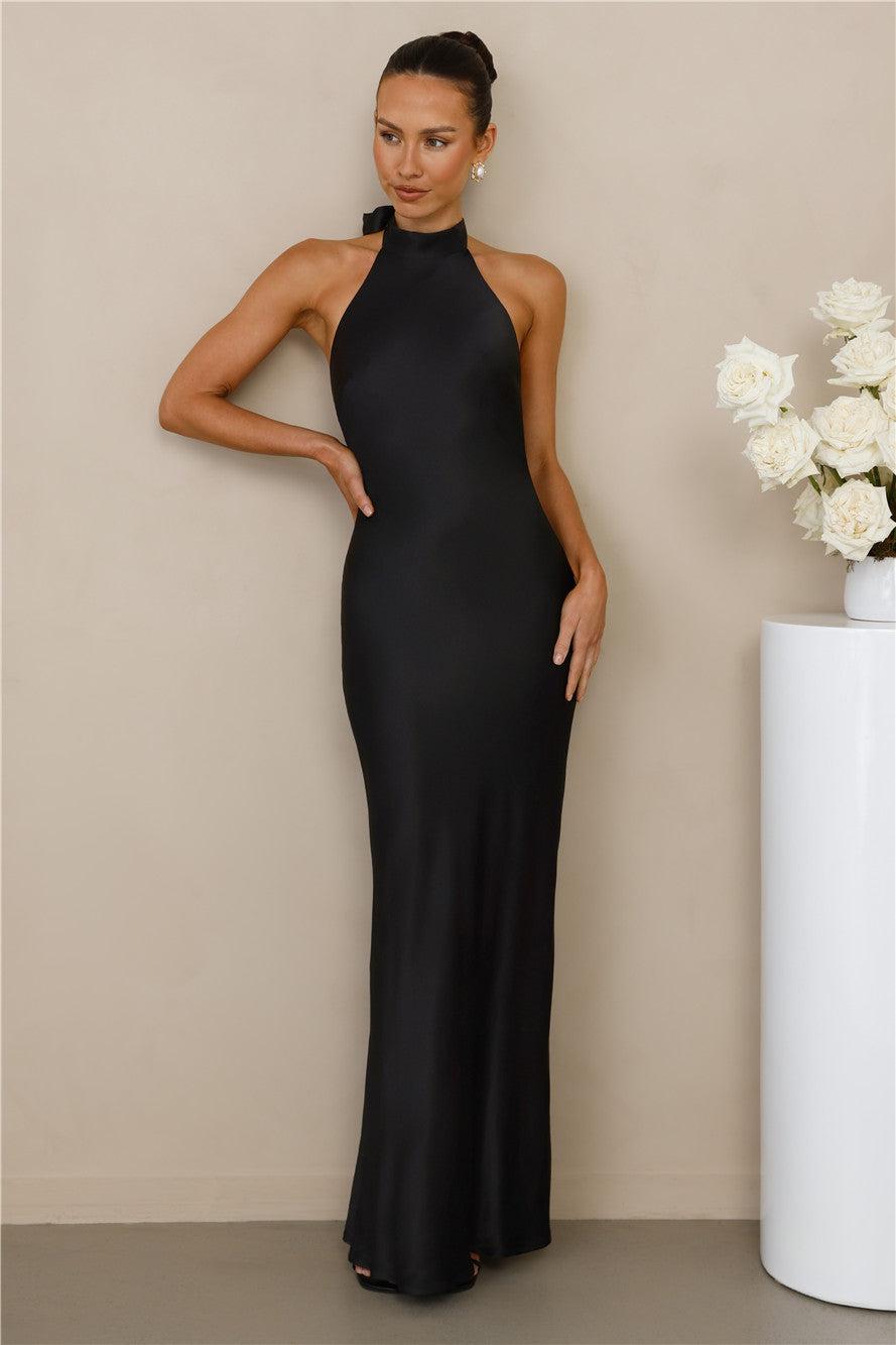 The Cleo Halter Satin Maxi Dress Black Product Image