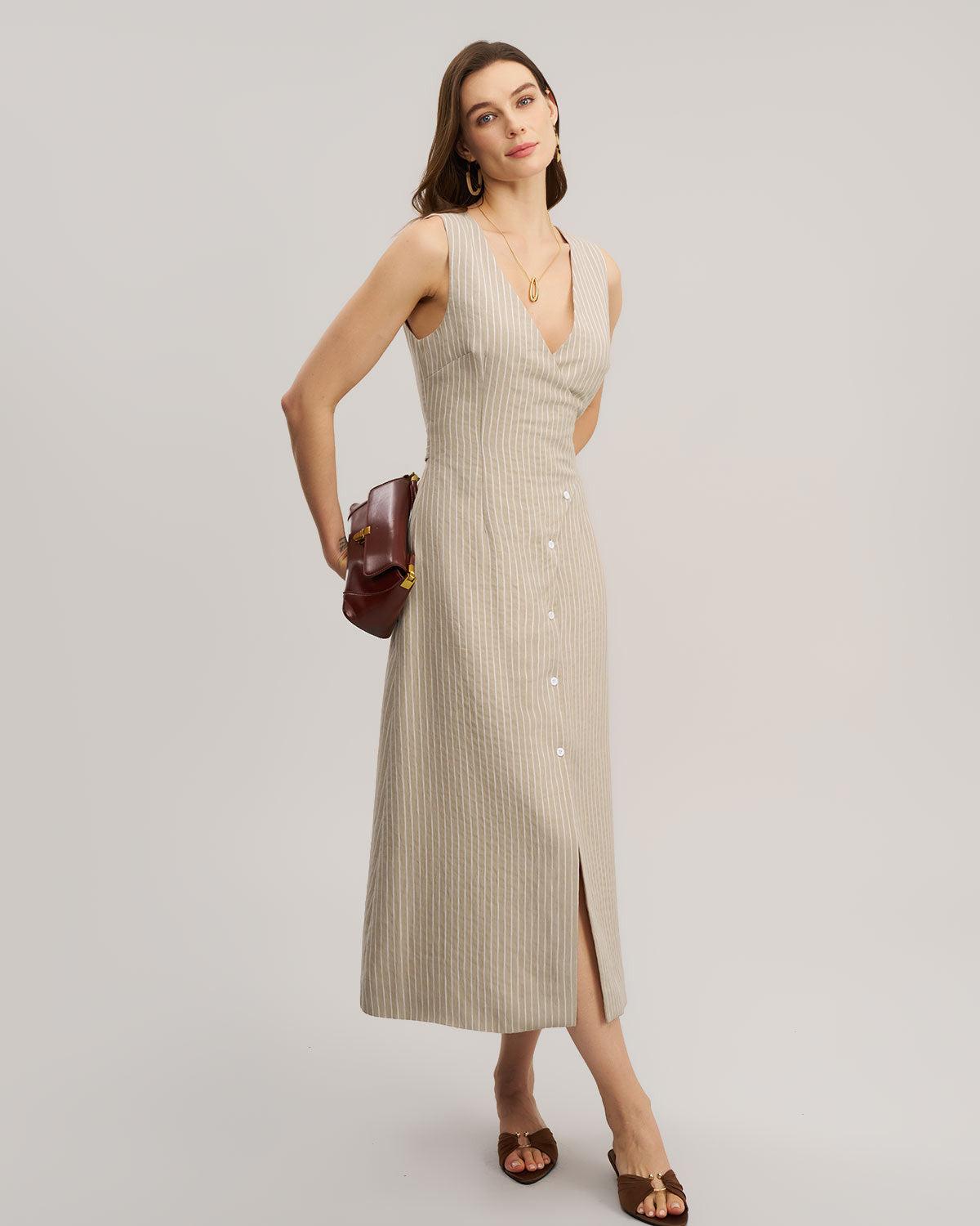 Khaki Striped V-Neck Sleeveless Maxi Dress Product Image