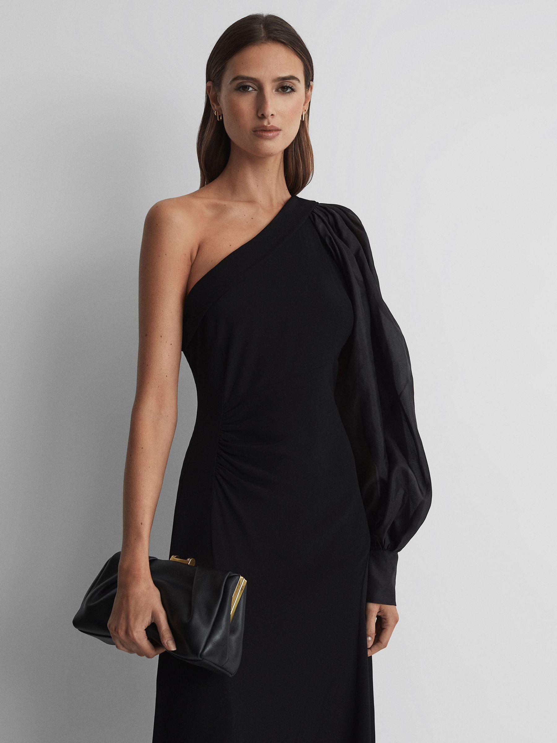 One-Shoulder Blouson Sleeve Midi Dress in Black Product Image