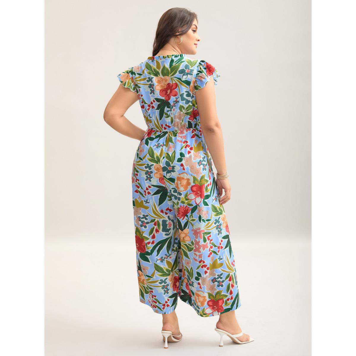 Plus Size LightBlue Sunkissed Floral Print Button Wide-Leg Jumpsuit Women Resort Cap Sleeve Notched collar Vacation Loose Jumpsuits BloomChic 14-16/1X Product Image