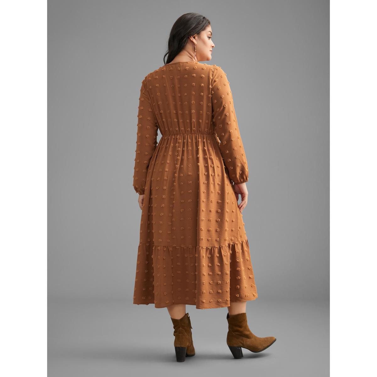 Plus Size Plain Textured Crew Neck Midi Dress Yellowishbrown Women Resort Texture Round Neck Long Sleeve Curvy BloomChic 22-24/3X Product Image