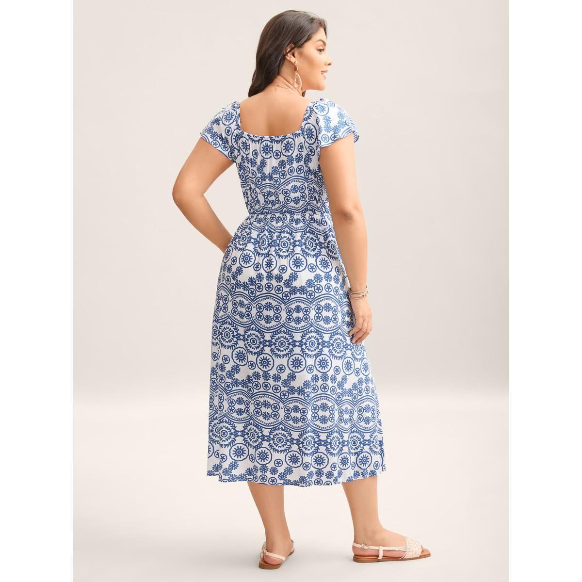 Plus Size Geometric Print Pockets Flowy Midi Dress DarkBlue Women Boho Heart neckline Cap Sleeve Curvy BloomChic 12/L Product Image