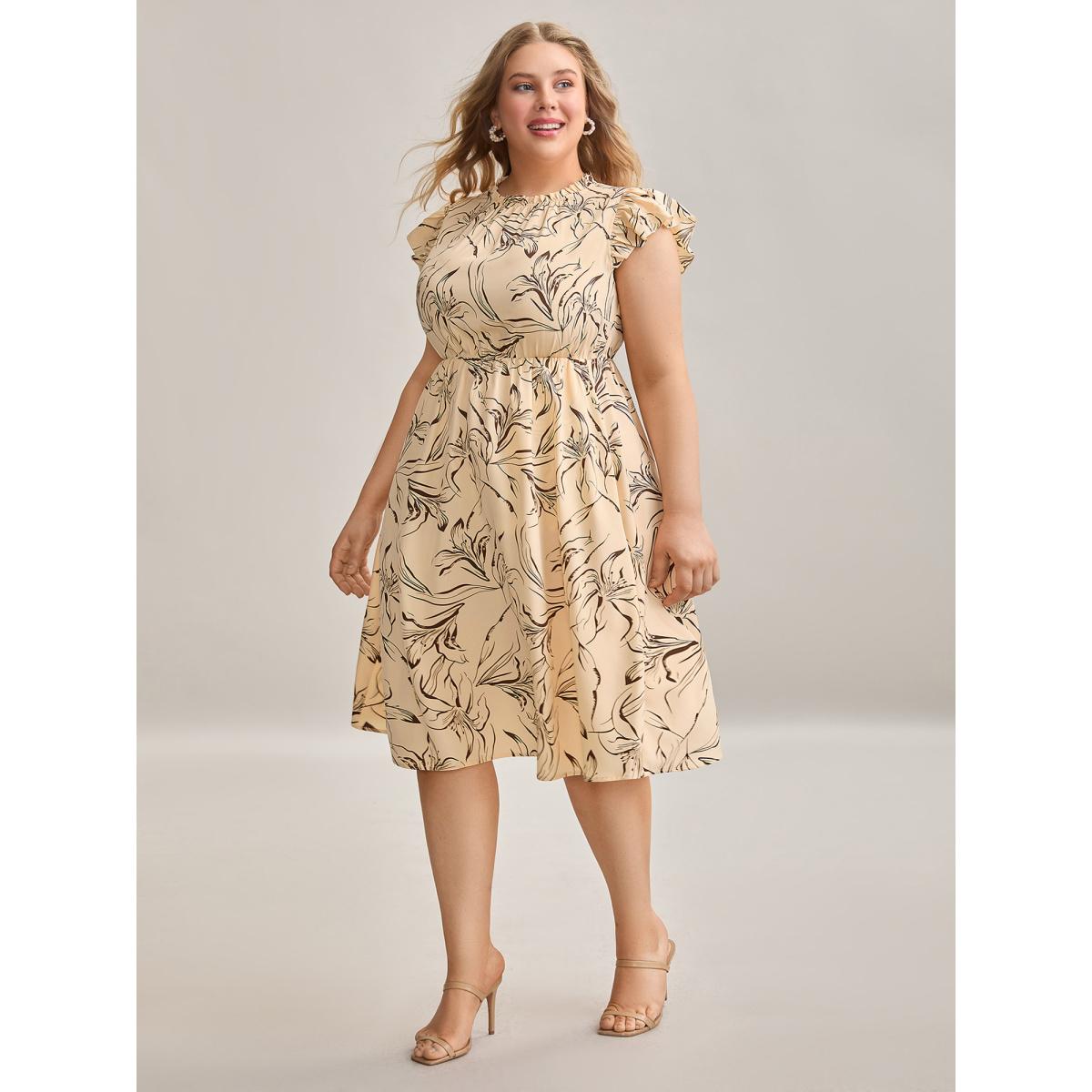 Plus Size Abstract Print Mock Neck Midi Dress Apricot Women Elegant Frill Trim Mock Neck Cap Sleeve Curvy BloomChic 22-24/3X Product Image
