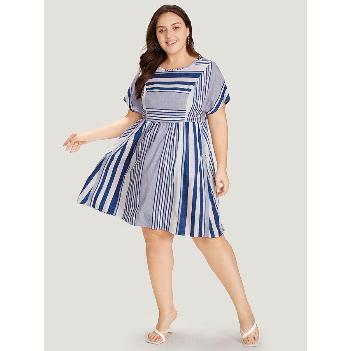 Plus Size Striped Print Patchwork Ruffle Sleeve Ruched Dress DarkBlue Women Vacation Round Neck Short sleeve Curvy Knee Dress BloomChic 30/6X Product Image