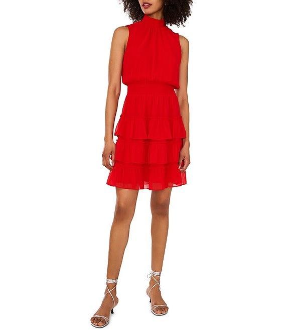 1. STATE Smocked Mock Neck Sleeveless Ruffle Tiered Mini Dress Product Image