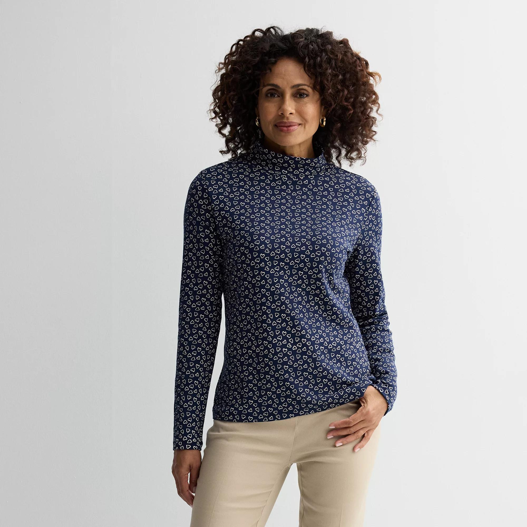 Petite Croft & Barrow® Long Sleeve Mockneck Top, Women's, Size: Small Petite, Blue Scattered Heart Product Image