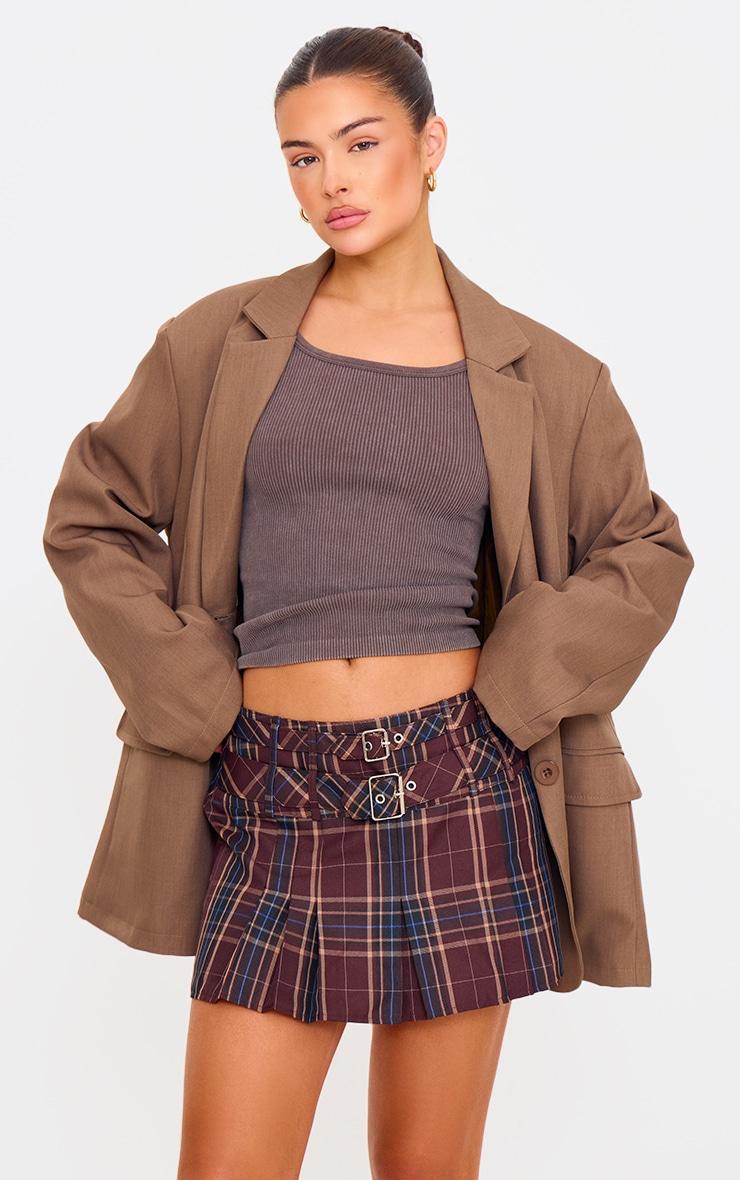 Brown Gingham Double Buckle Pleated Mini Skirt Product Image