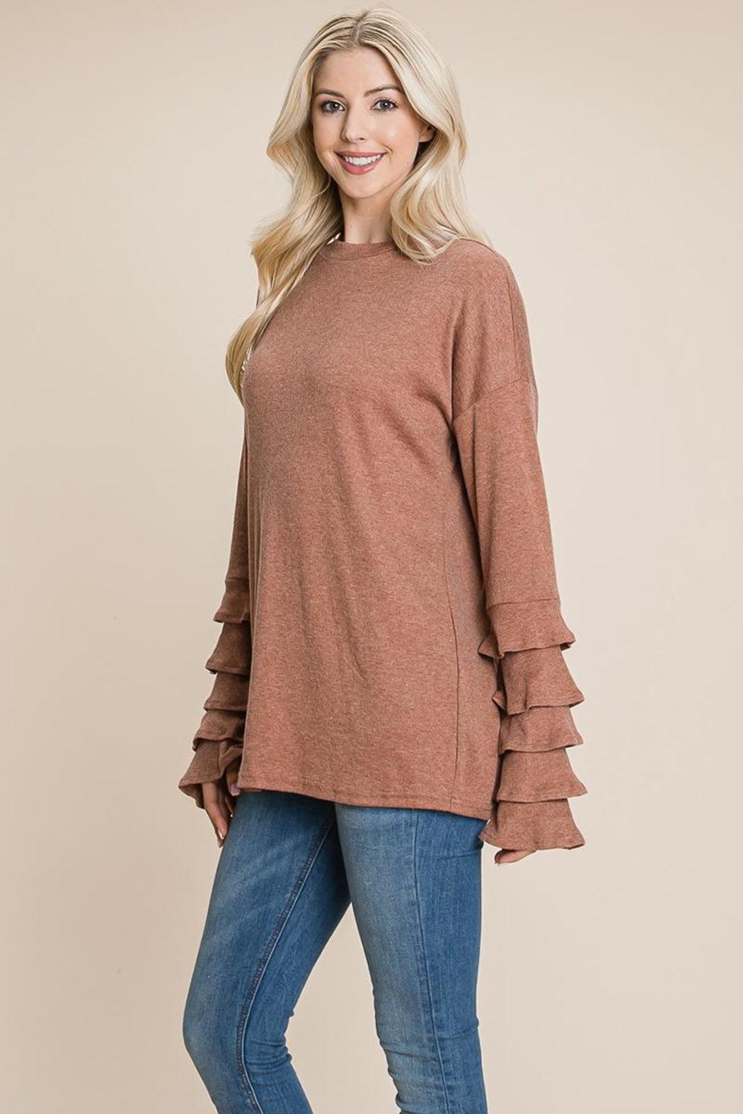 Long Sleeve Ruffle Layered Shirred Sweaters Shirts Product Image