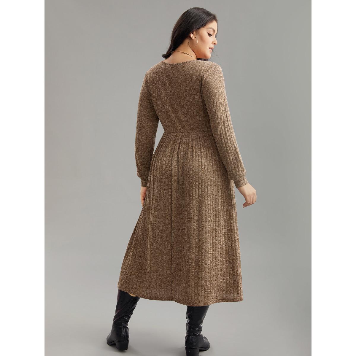 Plus Size Rib Knit Plain Plisse Long Sleeve Dress Yellowishbrown Women Casual Rib Knit V-neck Long Sleeve Curvy Midi Dress BloomChic 22-24/3X Product Image