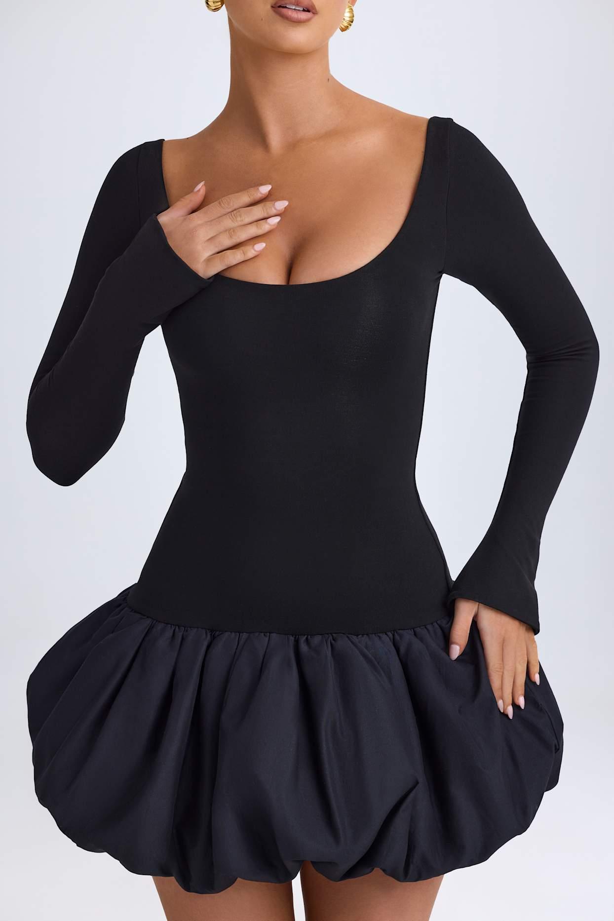 Scoop-Neck Drop-Waist Bubble Hem Mini Dress in Black Product Image