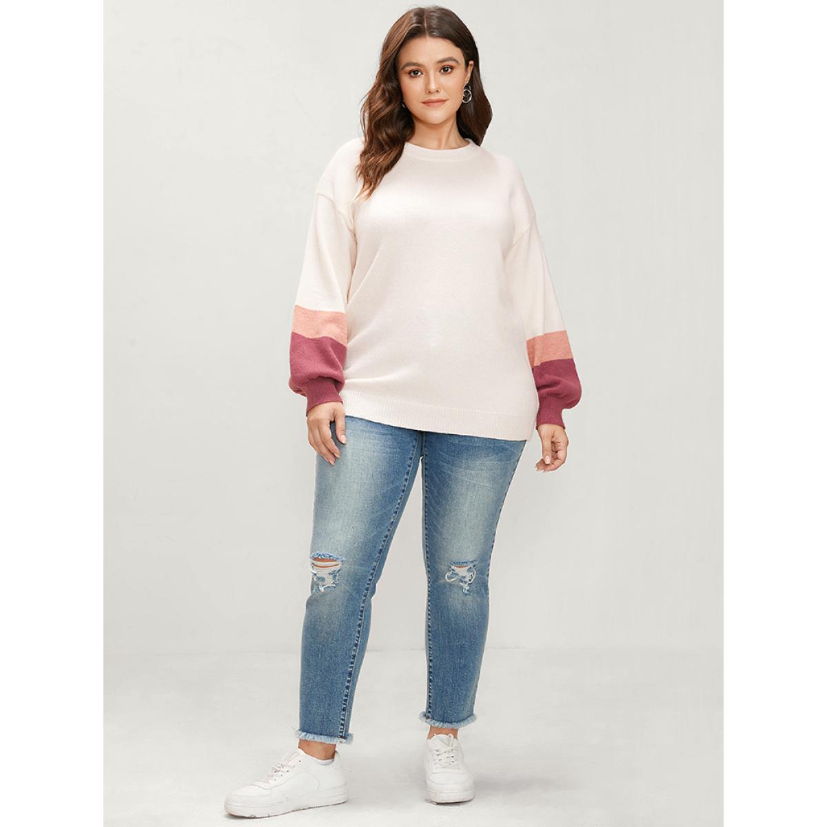 Plus Size Colorblock Contrast Soft Pointelle Knit Lantern Sleeve Knit Top Ivory Women Casual Loose Long Sleeve Round Neck Dailywear Pullovers BloomChic 28/5X Product Image