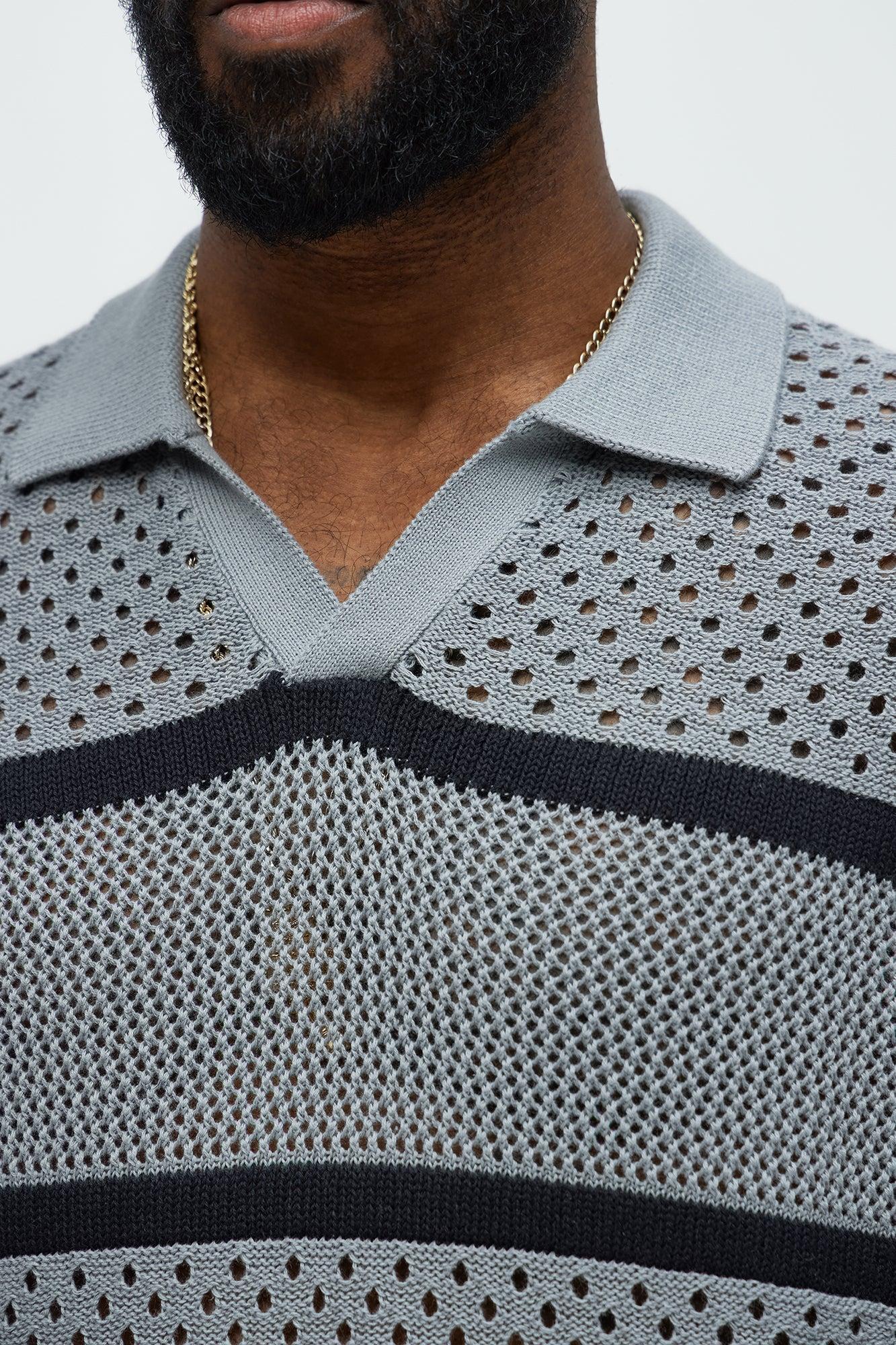 Mixed Texture Knitted Johnny Collar Shirt - Grey/combo Product Image