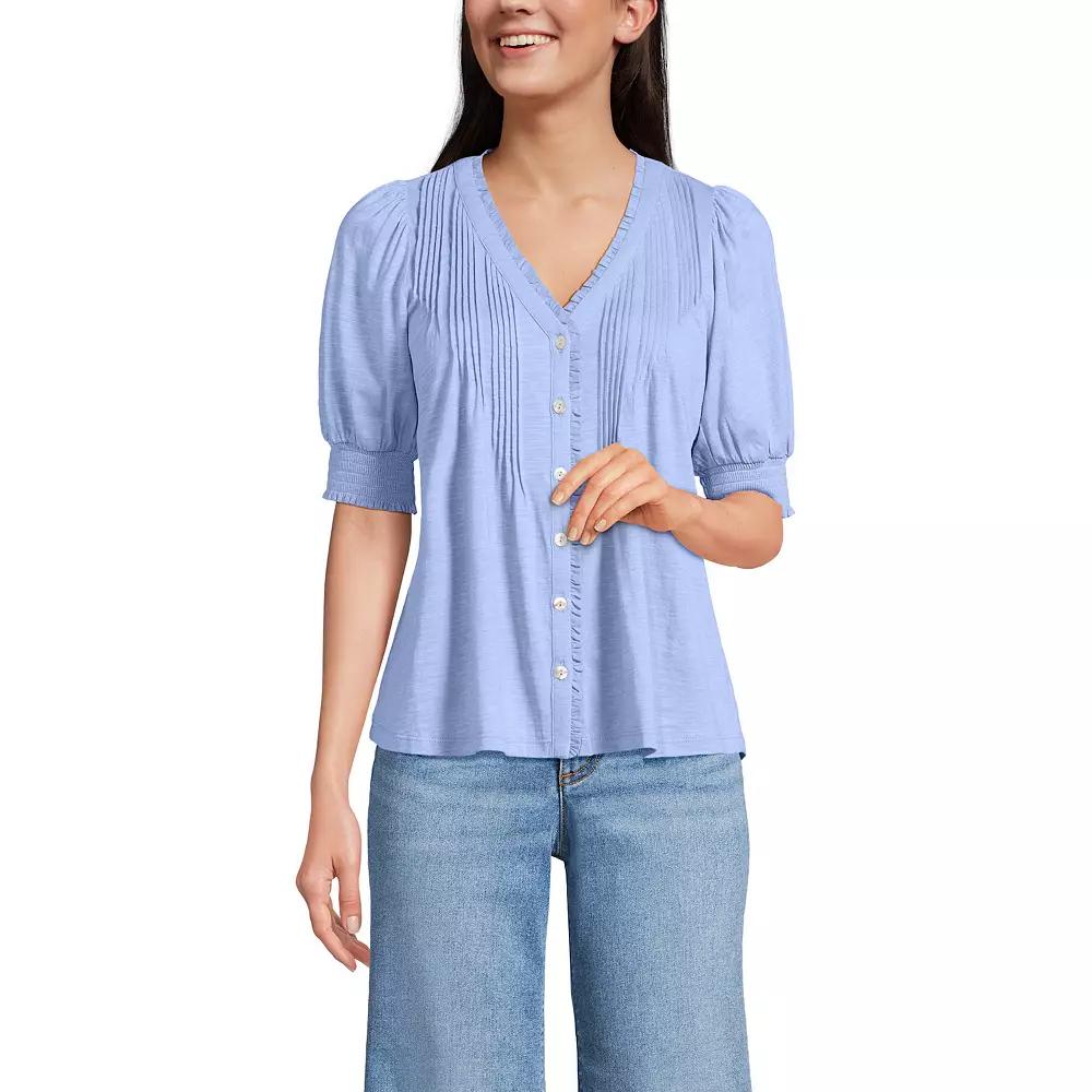 Women's Lands' End Button Pintuck Puff Sleeve Top, Size: Medium, Light Purple Product Image
