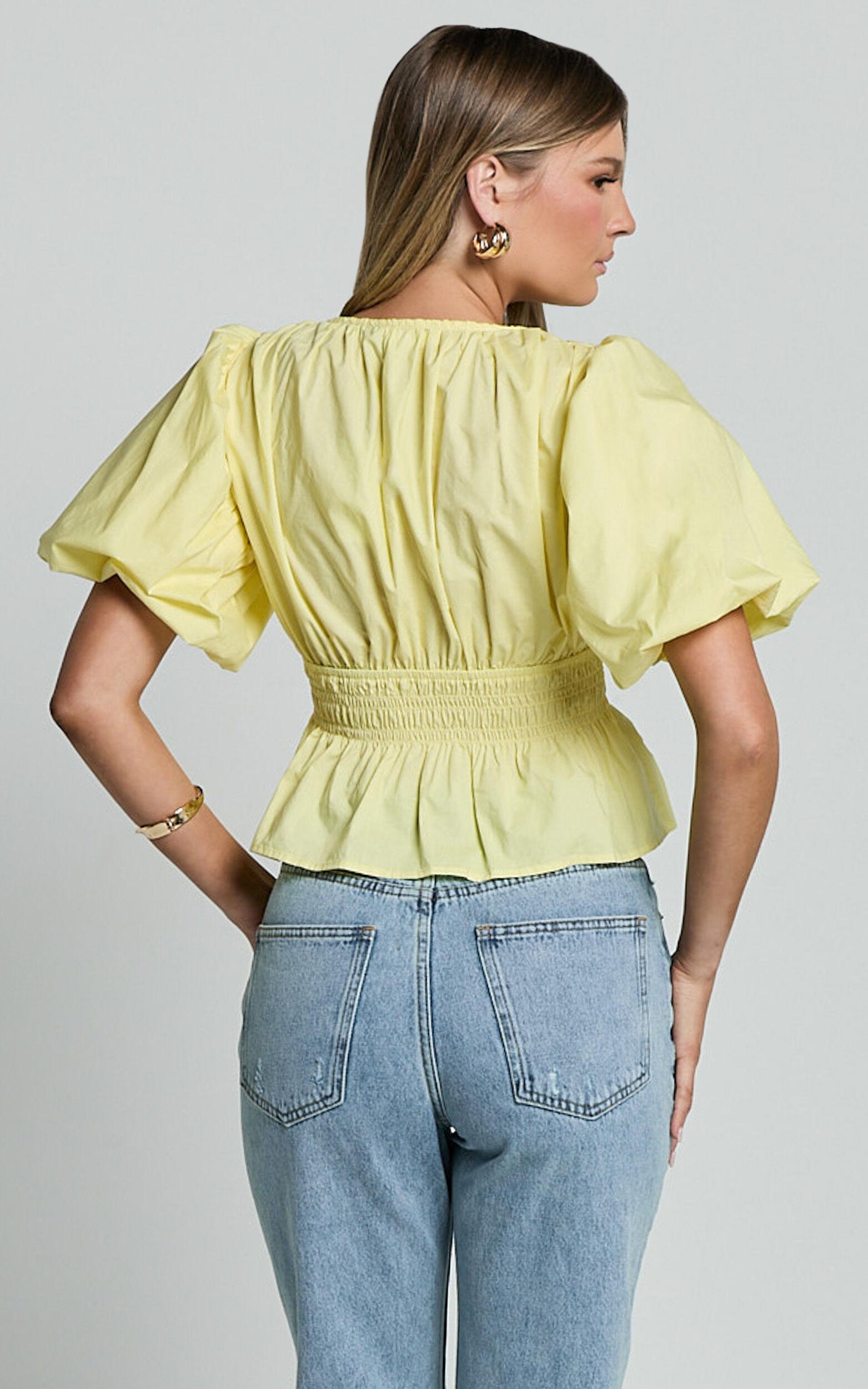 Mellie Top - Puff Sleeve Peplum Top in Yellow Product Image
