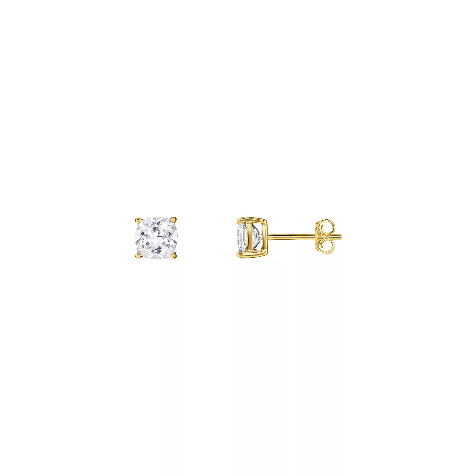 PRIMROSE 24k Gold over Sterling Silver Cushion Cut Cubic Zirconia Stud Earrings, Women's, Gold Tone White Product Image