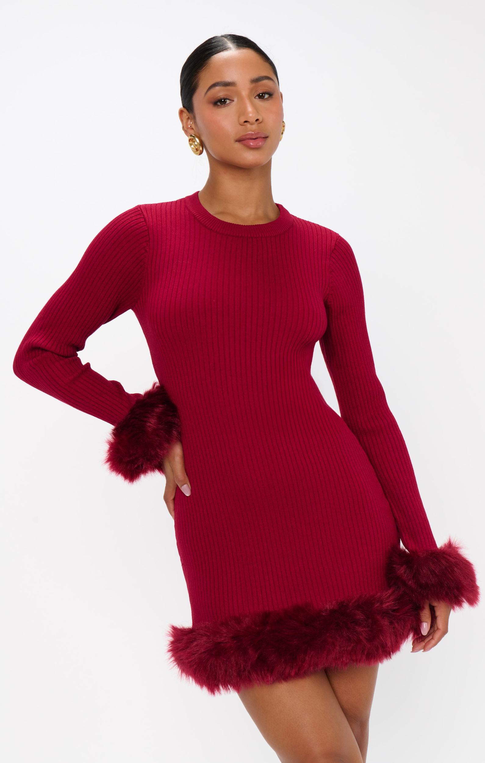 Fran Mini Dress ~ Cranberry Rib with Faux Fur Product Image