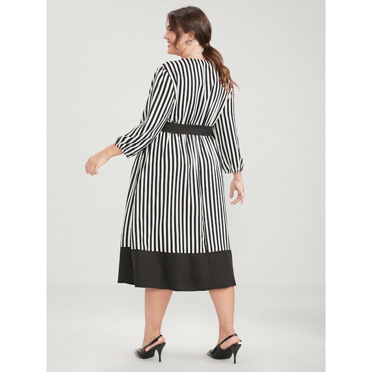 Plus Size Striped Contrast Patchwork Lantern Sleeve Pocket Belted Wrap Dress Black Women Office Belted V-neck Elbow-length sleeve Curvy Midi Dress BloomChic 10/M Product Image