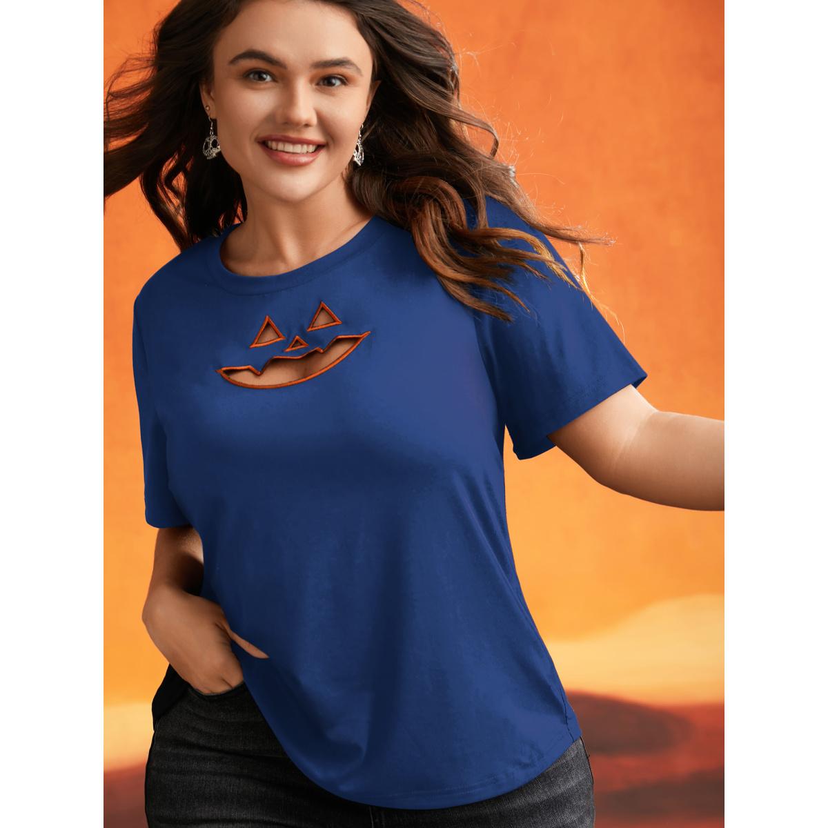 Plus Size Jack-O-Lantern Neck Hollow Embroidered T-shirt RedViolet Women Playful Cut-Out Halloween Round Neck Casual T-shirts BloomChic 14-16/1X Product Image