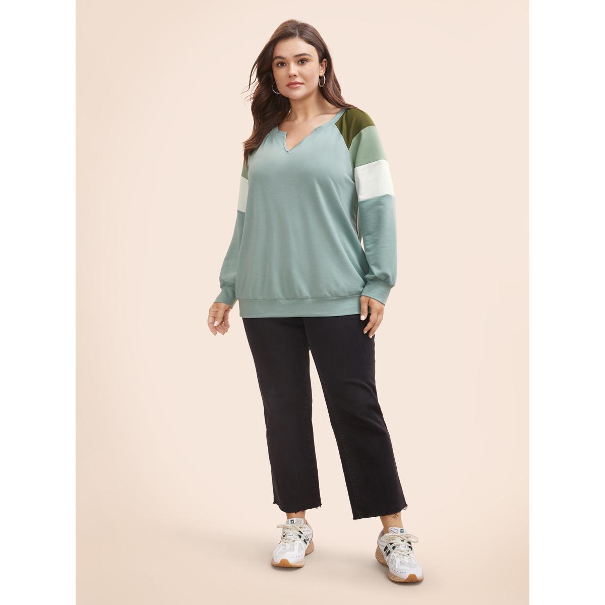 Plus Size Contrast Patchwork Notched Raglan Sleeve Sweatshirt Women Multicolor Casual Contrast Flat collar with V-notch Everyday Sweatshirts BloomChic 10/M Product Image