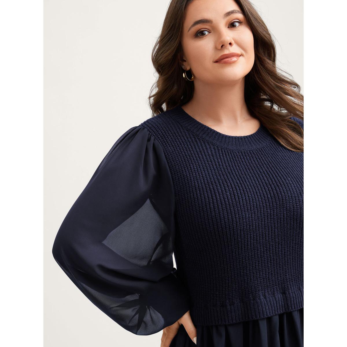 Plus Size Balloon Sleeve Solid Twofer Sweater Indigo Women Romantic Bodycon Long Sleeve Round Neck Elegant Pullovers BloomChic 30/6X Product Image