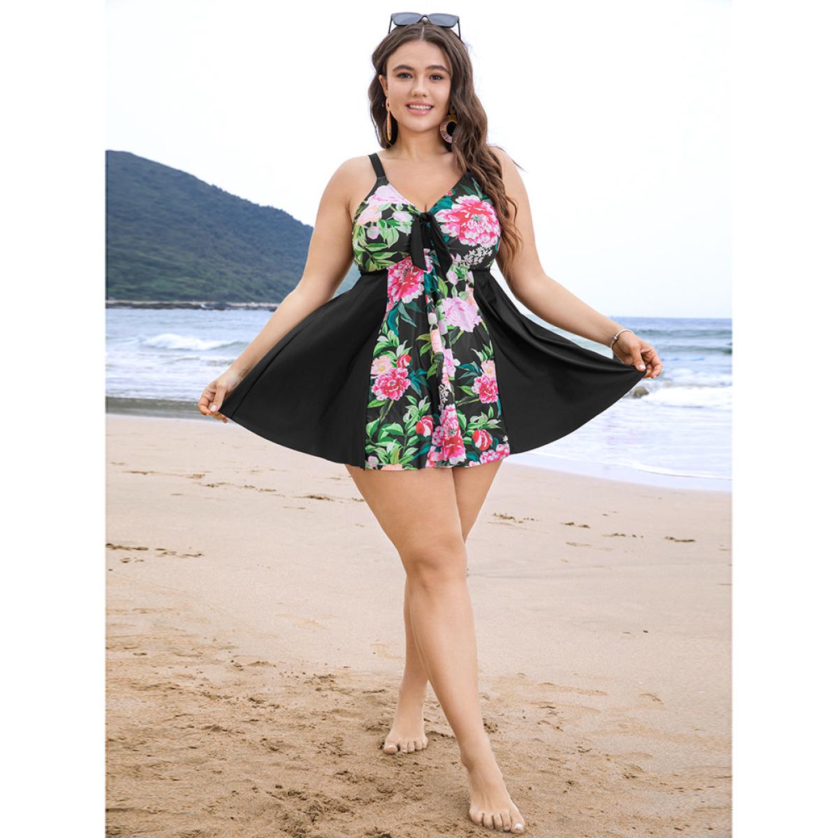 Plus Size Floral Patchwork Ruffle Knotted Swim Dress Women's Swimwear BlackFlower Vacation Bodycon V-neck High stretch Curve Swim Dresses BloomChic 30/6X Product Image